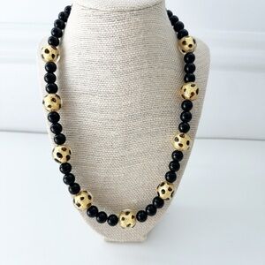 NWT Genuine Gold Leaf Murano Glass & Black Onyx Necklace Beaded Black